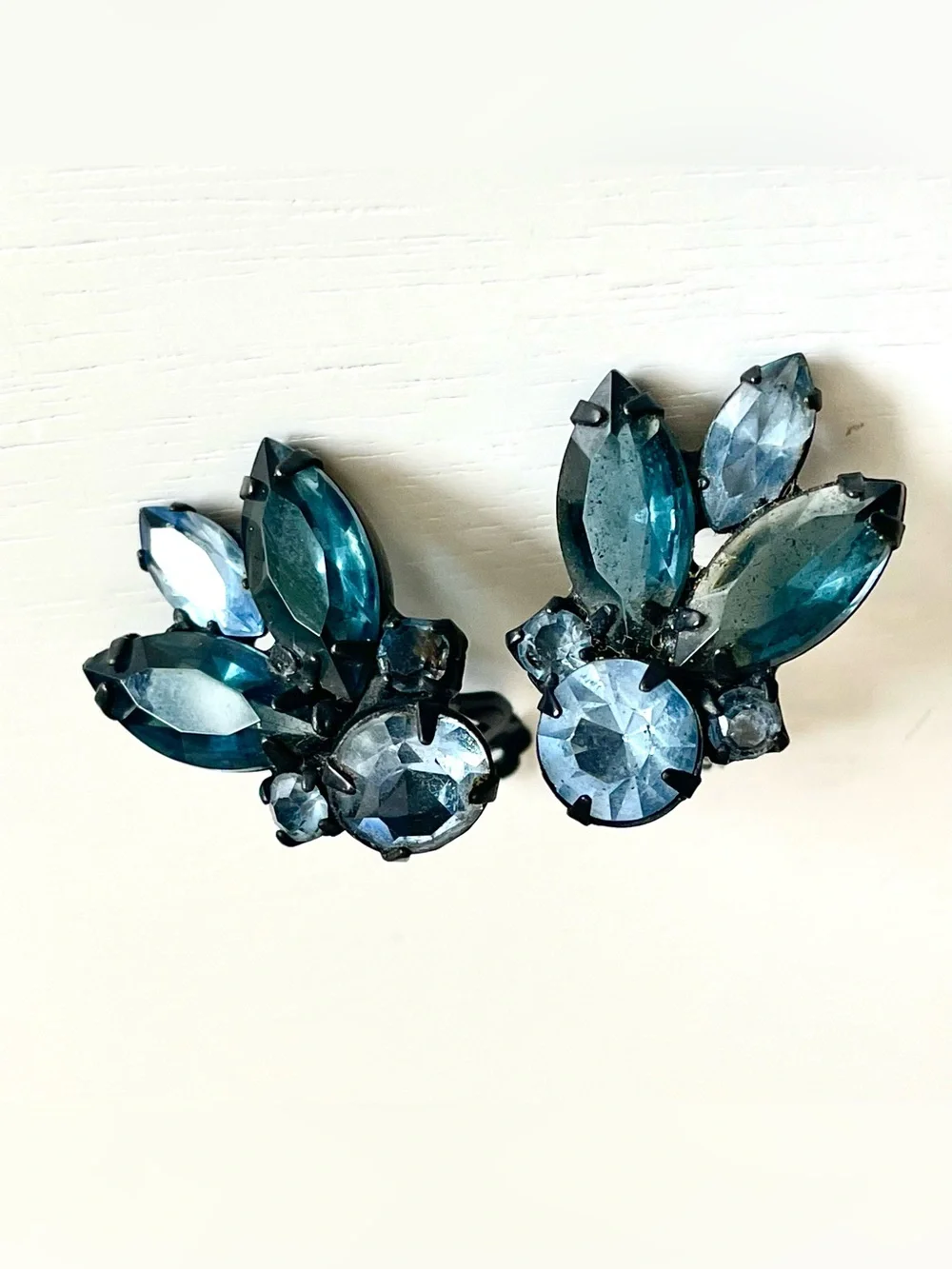 Vintage Blue Teal Rhinestone Clip Earrings Black Japanned Navette MCM Art Deco